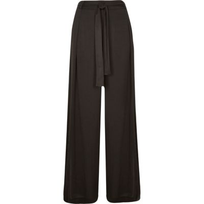 Black soft tie waist wide leg trousers